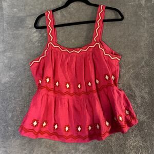 Loft Hot Pink Embroidered Linen Blend Top Women's L NWT Flowy Boho Coquette